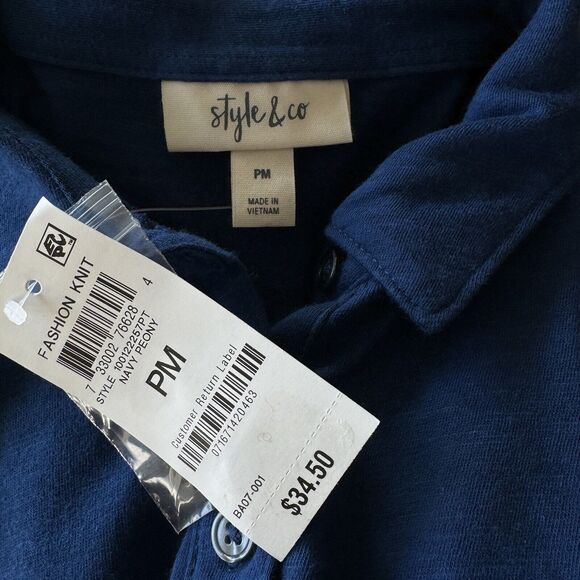 Style & Co Petite Medium Polo Top Short Sleeve Button Neck Lightweight Navy Blue - Picture 7 of 9